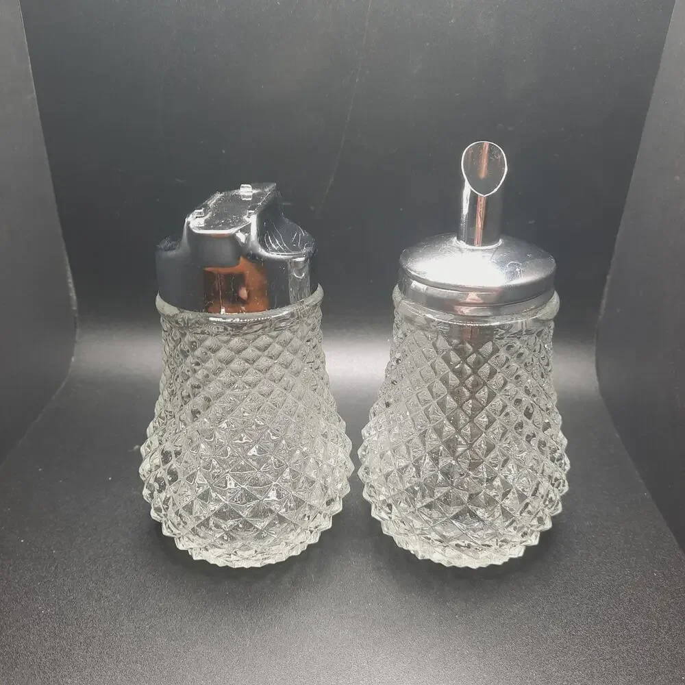 Vintage Cambridge Clear Glass Sugar & Syrup Set Diamond Point Pressed Glass MCM